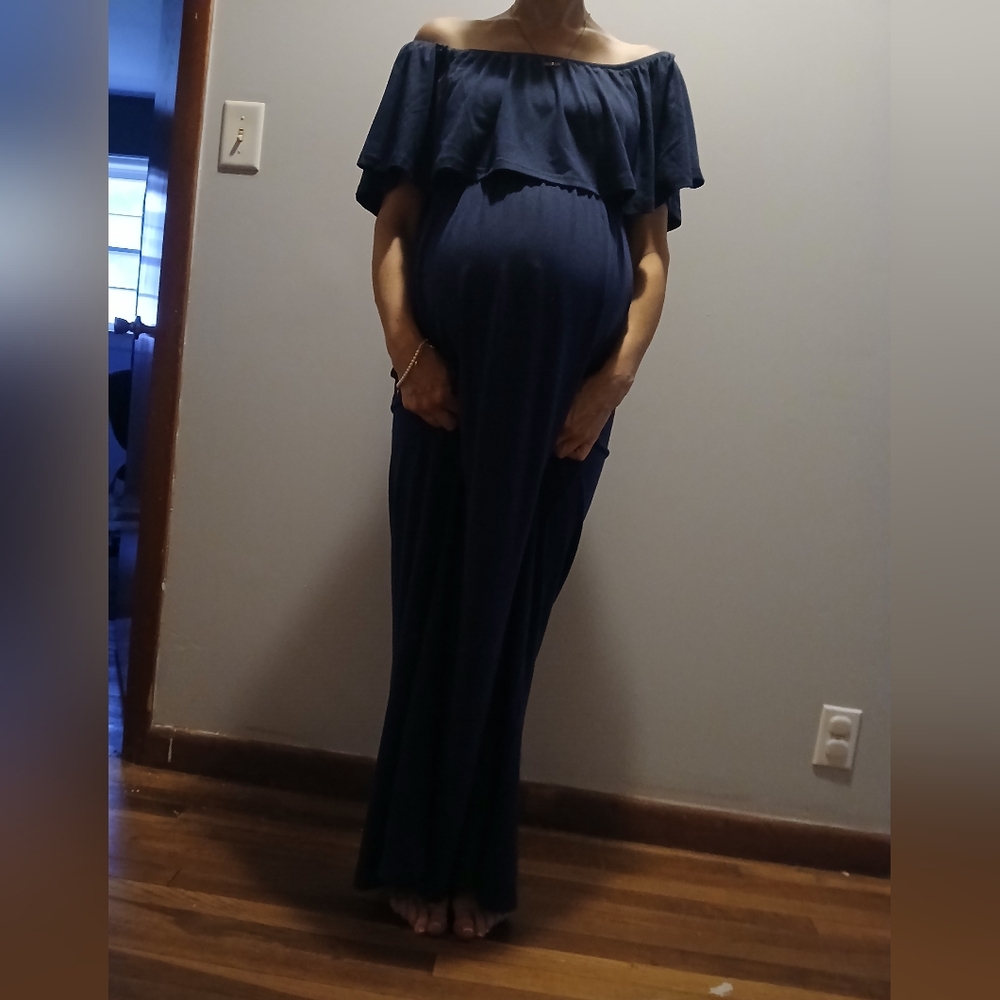 Elegant Navy Off-Shoulder Maternity Dress